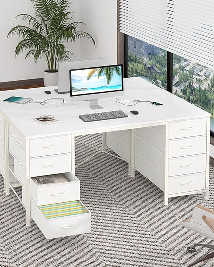 50 Inch White Computer Desk with 8 Drawers, Home Office Desk with Power Outlets, Work Study Gaming Desk with 8 Fabric Drawers, White