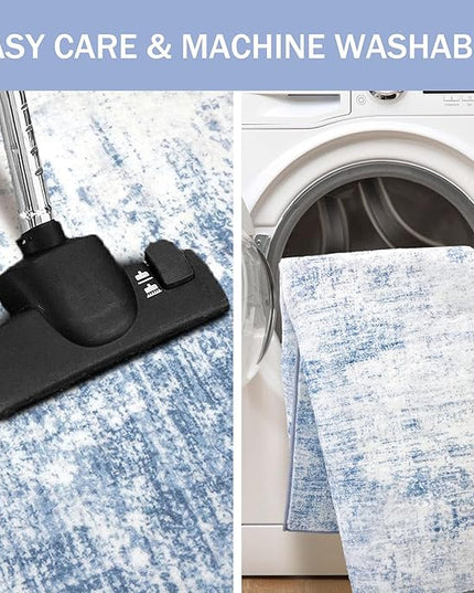 IOHOUZE Abstract Area Rugs 8x10 Ft Washable Large Rugs for Living Room, Non Slip Dining Room Rug, Printed Faux Wool Rugs for Bedroom, Floor Carpet for Office Nursery Playroom, Light Blue White