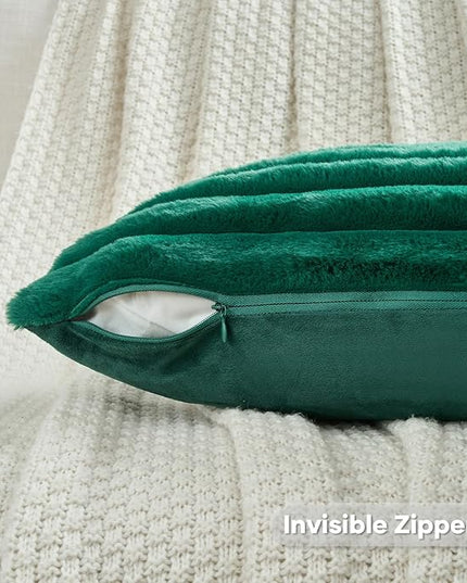 FUTEI Christmas Emerald Green Throw Pillow Covers Set of 2, 16x16 Inch Striped Texture Cushion Cases with Soft Faux Rabbit Fur Front & Velvet Back, Modern Decorative Couch Pillows for Living Room