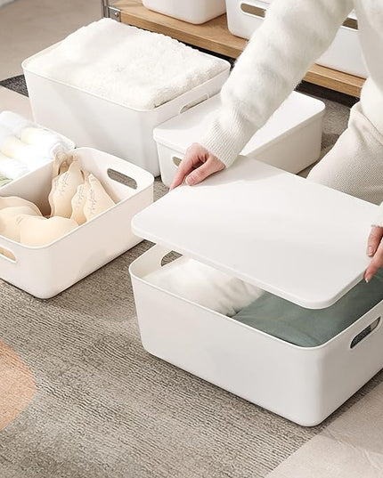 Plastic Storage Baskets Bins Boxes With Lids,Organizing Container White Storage Organizer Bins For Shelves Drawers Desktop Playroom Classroom Office,3-Pack(M+2S)