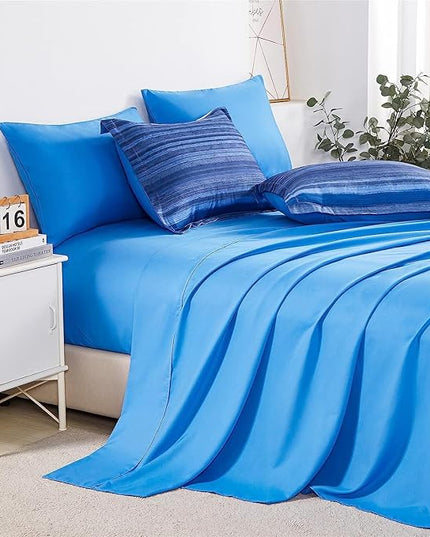 KAKIJUMN 5 Piece Bed in a Bag Stripe Comforter Set Twin Size, White and Blue Patchwork Striped Comforter and Sheet Set, All Season Soft Microfiber Complete Bedding Sets(Blue,Twin)