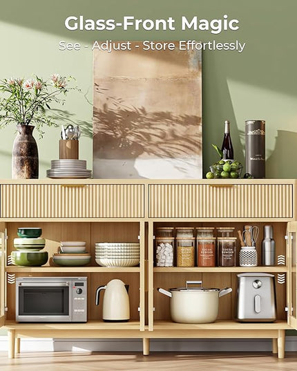 IRONCK 59'' Sideboard Buffet Cabinet with Drawers, Modern Kitchen Storage Cabinet with Adjustable Shelves and Tempered Glass Doors, Wood Coffee Bar for Kitchen, Living Room, Oak