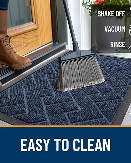 OLANLY Front Door Mat Indoor Outdoor Entrance, Waterproof All-Season, All-Weather Doormat, Sturdy Natural Rubber, Low Profile, Easy Clean Patio Porch Entryway Mat, Herringbone Brick (Blue, 47x17)