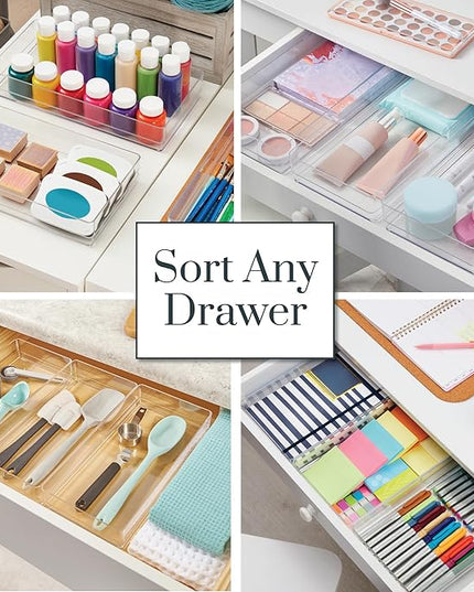 STORi SimpleSort 3-Piece Stackable Clear Drawer Organizer Set | 12" x 6" x 2" Rectangle Trays | Wide Makeup Vanity Storage Bins and Office Desk Drawer Dividers | Made in USA
