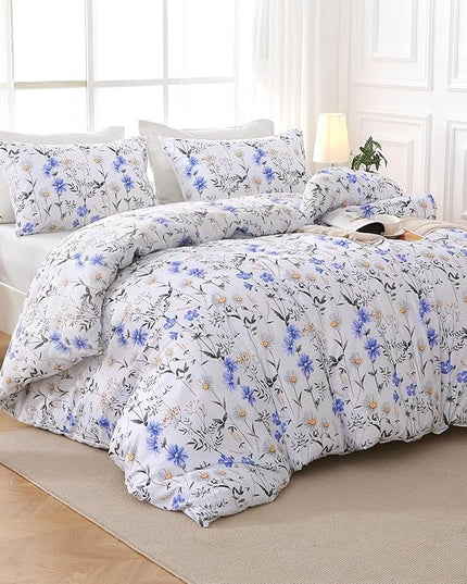 MUXHOMO Blossom Blue Bed in a Bag King 7 Pieces, King Comforter Set Reversible Botanical Flowers Design, Ultra Soft & Breathable Bedding Sets with Comforter, Sheets, Pillowcases & Shams