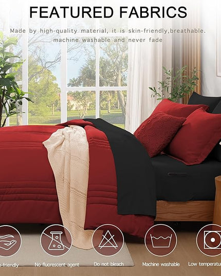Monbix King Size Comforter Set - 7 Pieces Bed in a Bag King, Bright Red Bedding Sets with Comforter, All Seasons Comforter Bed Set with Sheets, Pillowcases & Shams