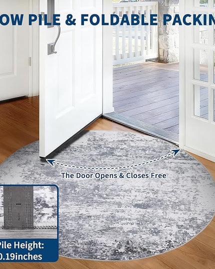 Modern Abstract 4x4 Round Area Rug Non Slip Non Shedding Rug Low Pile Stain Resistant for Bedroom Living Room Office Dining Room,Light Grey