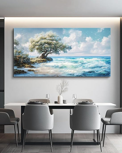 XIGUANGART Large Blue Coastal Wall Art for Living Room Wall Decor for Bedroom Beach Sunset Ocean Waves Nature Seascape Pictures Trees on Rock Scenery Canvas Print Artwork Painting for Bathroom Office