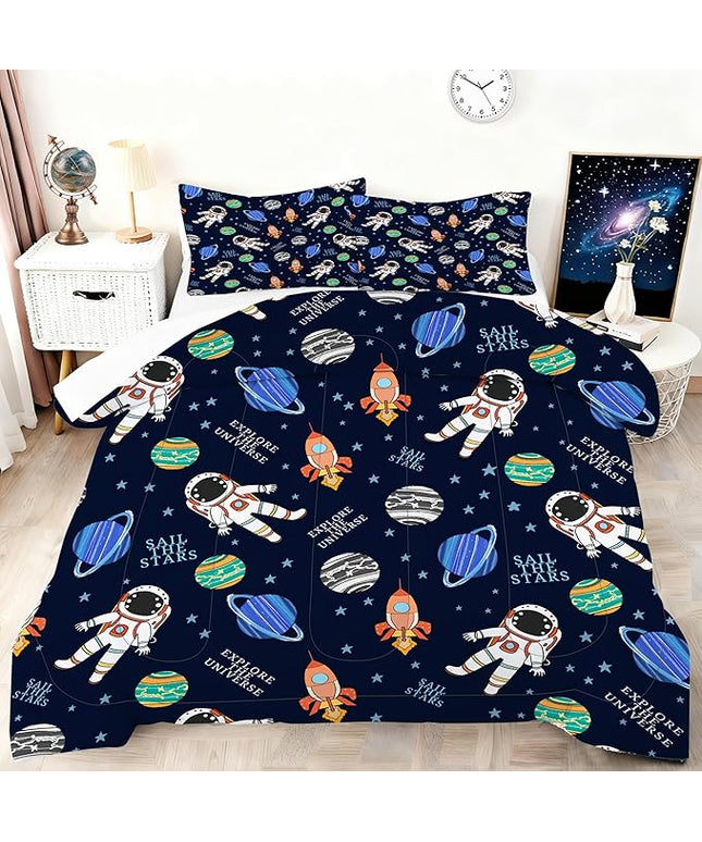 Space Bedding Set Twin Size for Boys Blue Bed Set Soft Kids Cartoon Outer Space Comforter Set for All Seasons Astronaut Rocket Themed Bedding Microfiber Galaxy Room Decor for Boys