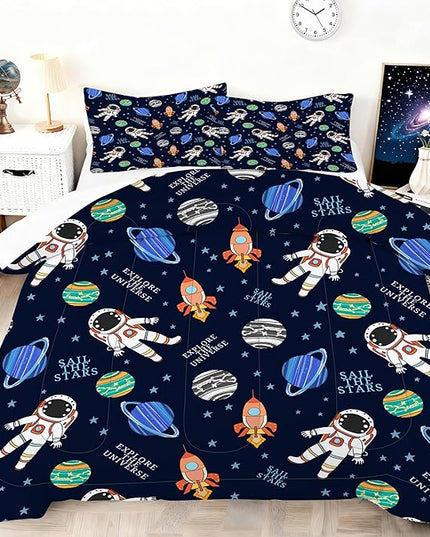 Blue Boys Space Comforter Set Full Size Cartoon Bedding Set for All Seasons Cute Astronaut Rocket Comforter Set Outer Space Room Decor for Boys Microfiber Galaxy Bed Set for Kids