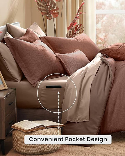 Monbix Queen Comforter Set - 7 Pieces Cationic Dyeing Terracotta Bed in a Bag Queen Bedding Sets with Comforter, Sheets, Pillowcases & Shams, Reversible Bedding Comforters Sets