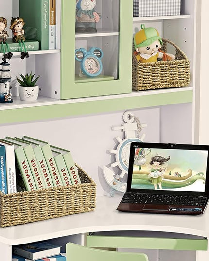 Ollieroo Natural Seagrass Storage Baskets, Handwoven Wicker Storage Bins with Built-in Handles, Storage Container Baskets for Shelves, Bedroom, Bathroom, Laundry Room or Kitchen(Green)