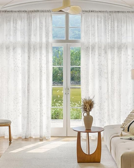 Anmao White Semi Sheer Light Filtering Curtains 54 Inches Long 2 Panels, Flower Pattern Drapes for Living Room Bedroom, Rod Pocket Sheer Window Treatments with Floral Design, 52x54 Inch
