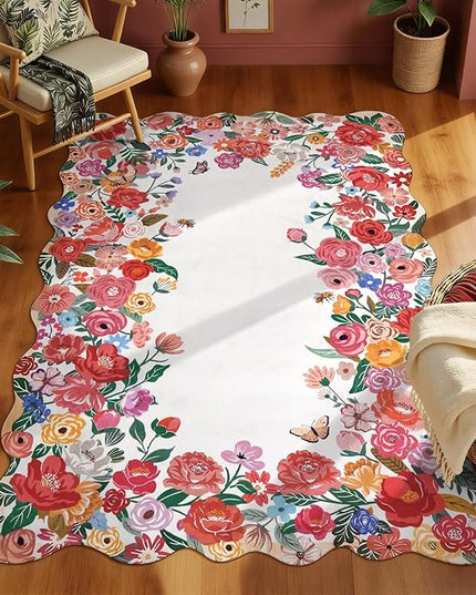 Wonnitar Washable Red Camellia Floral Area Rugs 5x7, Non-Slip Boho Rugs for Living Room, Soft Scalloped Flower Floor Carpet Rugs for Bedroom Kids Nursery Dorm Decor (Red,5'x7')