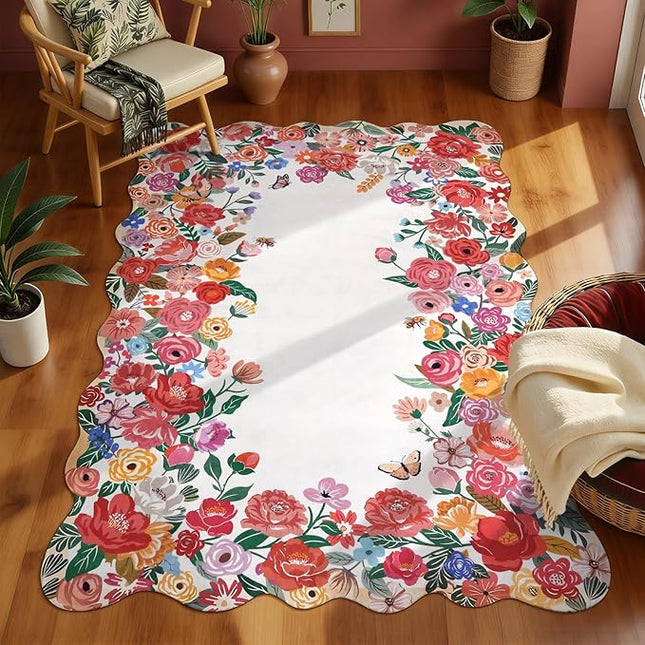 Wonnitar Washable Red Camellia Floral Area Rugs 5x7, Non-Slip Boho Rugs for Living Room, Soft Scalloped Flower Floor Carpet Rugs for Bedroom Kids Nursery Dorm Decor (Red,5'x7')