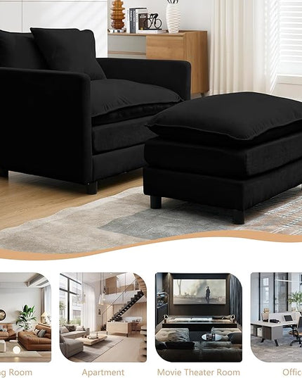 SZLIZCCC 56.3''D Oversized Chaise Lounge Chair Indoor, Comfy Chenille Upholstered Sofa Chair with Ottoman, Deep Seat Single Sofa Couch with 1 Pillow for Living Room(Black, 56.3"- Single Seat)