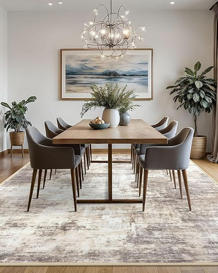 IOHOUZE Abstract Area Rugs 8x10 Ft Washable Large Rugs for Living Room, Non Slip Dining Room Rug, Printed Faux Wool Rugs for Bedroom, Floor Carpet for Office Nursery Playroom, Beige Brown