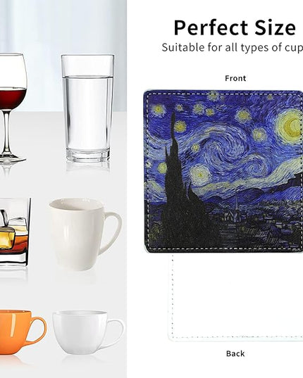 Artistic Coasters Square Leather Drinks Coaster Set with Holder for Coffee Table Bar Home Decor 4 Inches Set of 6