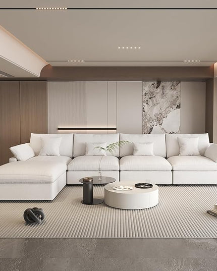 156" Cloud Couch Modular Sectional Sofa with Ottoman,L Shaped Down Couch, Down Filled Convertible Sofa,Cover Washable and Replaceable Couches for Living Room,White