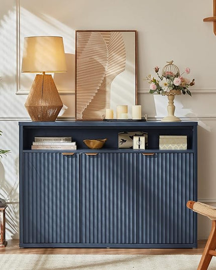 LEYAOYAO Fluted Buffet Cabinet with Storage, 45" Wide Wood Sideboard Credenza with 3 Doors & Open Storage Shelf, Modern Kitchen Console Accent Cabinets, Coffee Bar Table for Dining Room, Dark Blue