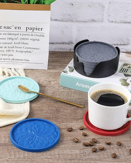 ME.FAN Silicone Coasters with Holder,[6 Pack] Drinking Coasters - Cup Mat for Hot or Cold Drinks, Thickened, Non-Slip, Non-stick,Deep Tray Navy Blue