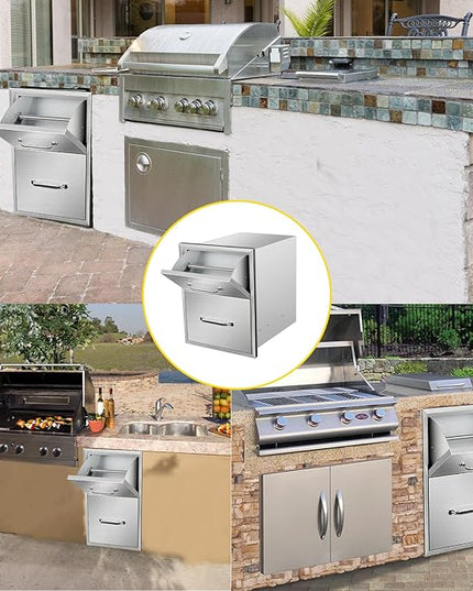Outdoor Kitchen Drawers with Paper Towel Holder 16" W x 20" H x 20" D Flush Mount BBQ Drawers with Chrome Handle,Stainless Steel Built-in Double Access Drawers for Outdoor Kitchen Island