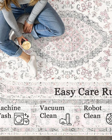 Pink Rug 3x5,Boho Washable Area Rugs for Bedroom Living Room Kitchen Entryway,Small Vintage Distressed Farmhouse Non Slip Carpet,Grey Blush Floral