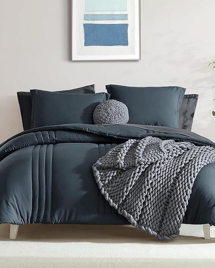 Monbix Twin XL Size Comforter Set - Extra Long 5 Pieces Dorm Bedding Sets, Quilting Design Fluffy Bed in a Bag Twin XL with Sheets, Pillowcase & Sham(Blue Grey)