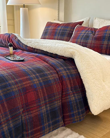 Cyusri Plaid Sherpa Comforter Set 3Pcs Fluffy Warm Fleece Down Alternative, Red Blue Grid Pattern Bedding Set with 2 Pillowcases, King Size 104"x90"