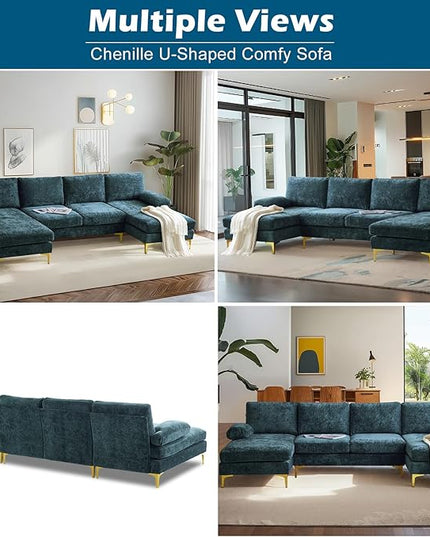 VINGLI 110" Large U-shape Sectional Sofa Couch with 51"D Double Chaise for Living Room, Modern Sectional Couch Set with Soft 5.9" Thickness Seating Padding, Chenille Fabric ,Metal Gold Legs(Rich Cyan)