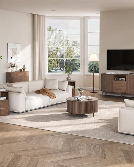 Round Coffee Table with Storage, 31.5" Mid Century Modern Coffee Table with Sliding Door & Solid Wood Legs, Minimalist Fluted Center Table for Living Room, Home Small Space, Walnut