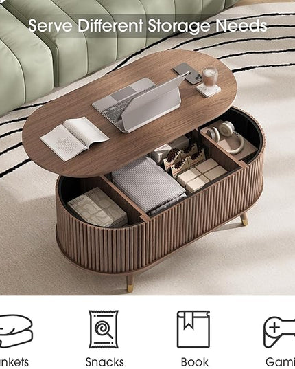 Oval Coffee Table with Storage, 42.5” Fluted Coffee Table with Lifting Top & Solid Wood Legs, Mid Century Modern Center Table for Living Room, Home Office, Walnut