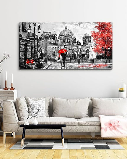 Black and White Buildings and Lovers Holding Umbrellas Under Street Lamps Canvas Art Print Artwork Wall Art for Living Room bedroom Wall Decor，Modern Home Decor Watercolor wall painting decoration
