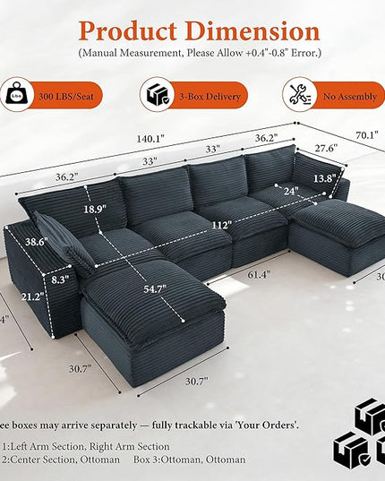 110" Sectional Couches for Living Room Boneless Couch Upholstered Cloud Couchs Sectional Modular Sectional Sofa with L Shaped
