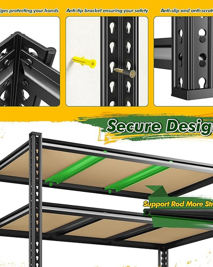 2800 LBS Garage Shelving 72.2" H Garage Storage Shelves, 5 Tier Adjustable Shelving Unit, Storage Shelves for Storage, Basement, Warehouse, Pantry, Kitchen, 48.1" W x 24.1" D x 72.2" H, Black