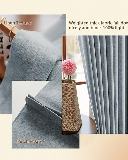Textured Linen Double Pleats 100% Blackout Curtains for Bedroom/Living Room Blackout Curtains 108 Inches Long, Energy Saving Window Treatment Curtains,84Wx108Lx2,Grey Blue