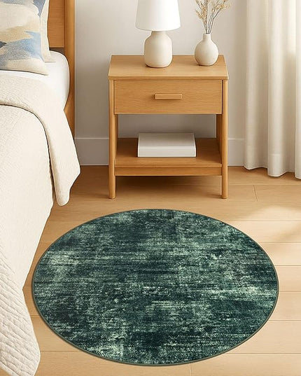 IOHOUZE Round Area Rug 3 Ft Circle Entryway Rugs Round Washable Door Mat Indoor Entrance, Non Slip Circle Front Door Rug, Printed Abstract Faux Wool Floor Carpet for Foyer Porch Sink, Dark Green
