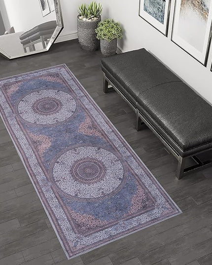 GLN Rugs Traditional Collection - Machine Washable Area Rug, Traditional Washable, Non Slip, Low Pile Chenille Rug, Living Room, Bedroom, Kitchen Rug (3'x5'2" Navy/Off White)