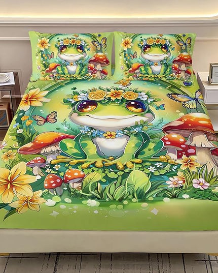 AILONEN Cartoon Green Frog Sheet Set Twin XL Size for Kids Girls Boys,Kawaii Green Wild Animals Bedding Set,Mushroom and Butterfly Bed Sheets,Super Soft Microfiber,1 Fitted Sheet and 2 Pillowcases