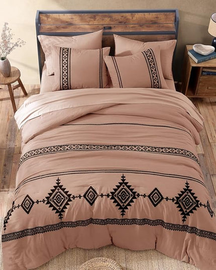 MaiRêve Embroidery Comforter Set, Boho Farmhouse Western Bedding Set, All Season Bed in A Bag Comforter Set with Sheets, Pillowcases & Shams, Dusty Pink Queen 7 Pieces