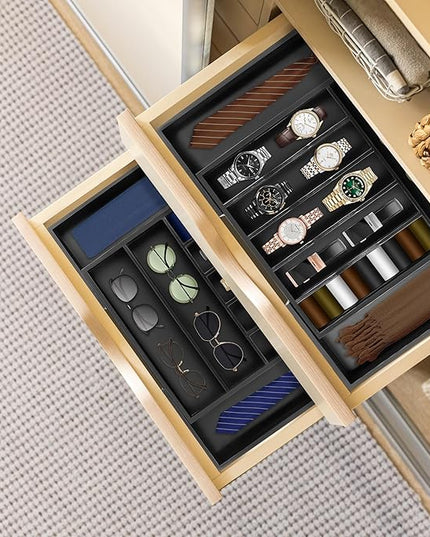 Large Premium Bamboo Silverware Organizer - Expandable Drawer Organizer & Utensil Organizer - 17"x19.7" Cutlery Tray with Dividers for Kitchen Utensils and Flatware (7-9 Slots) (Black)