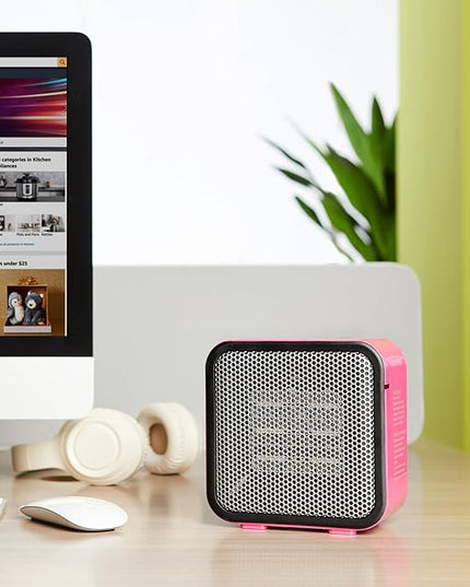 Amazon Basics Ceramic Space Heater, Mini Heater for Office Desk, Portable Tent Heater (Indoor Use), 500 W, With Tip-Over Protection, Lightweight (1.4 LBS), Pink, 5.9 x 3.2 x 6 inches