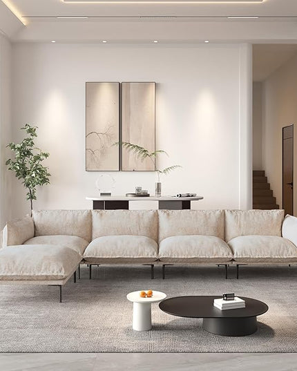 WJShome 147" Modern L-Shaped Couch for Living Room,Velvet Modular Sectional Sofa with Chaise,4-Seater Sofa with 1 Ottomans with Removable Cushions and 8" High Metal Legs, Easy to Clean, Oatmeal