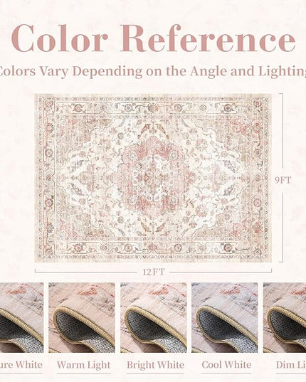 PADOOR-Vintage Area Rug 9X12 Rugs for Living Room-Soft Pink Rugs for Bedroom-Machine Washable Rug Non Slip Carpet-Rug for Dining Room Living Room Bedside Office