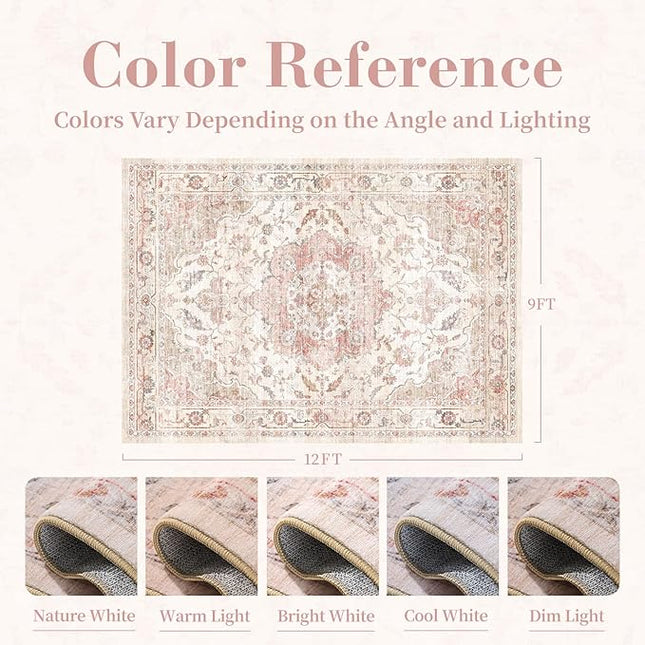 PADOOR-Vintage Area Rug 9X12 Rugs for Living Room-Soft Pink Rugs for Bedroom-Machine Washable Rug Non Slip Carpet-Rug for Dining Room Living Room Bedside Office