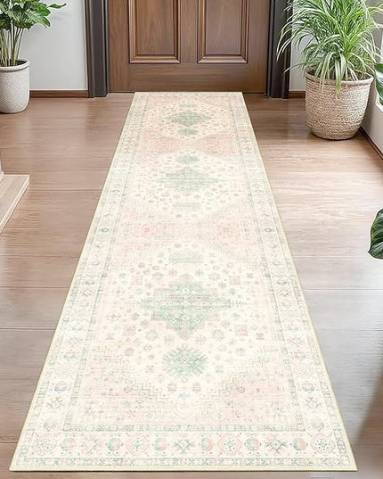 MUJOO Washable Runner Rug,2x8 Runners for Kitchen Bathroom Hallway Bedroom Entryway Laundry,Non Slip Long Mat Indoor,Boho Throw Carpet Low Pile Light Pink and Green