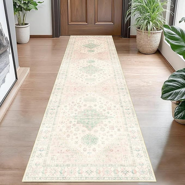 MUJOO Washable Runner Rug,2x8 Runners for Kitchen Bathroom Hallway Bedroom Entryway Laundry,Non Slip Long Mat Indoor,Boho Throw Carpet Low Pile Light Pink and Green