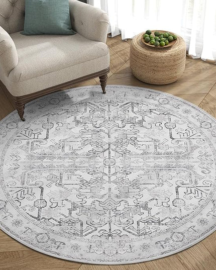 jinchan Lima Round Rug 4ft Vintage Machine Washable Area Rug Indoor Circle 4' Ultra-Thin Non-Slip Floral Print Carpet for Farmhouse Entryway Dining Room Living Room Bedroom Office (4'Round, Grey)
