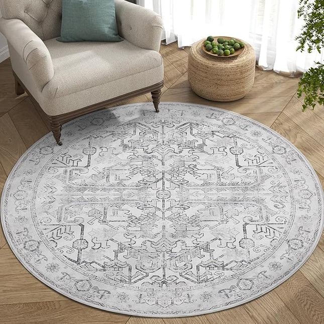 jinchan Lima Round Rug 4ft Vintage Machine Washable Area Rug Indoor Circle 4' Ultra-Thin Non-Slip Floral Print Carpet for Farmhouse Entryway Dining Room Living Room Bedroom Office (4'Round, Grey)