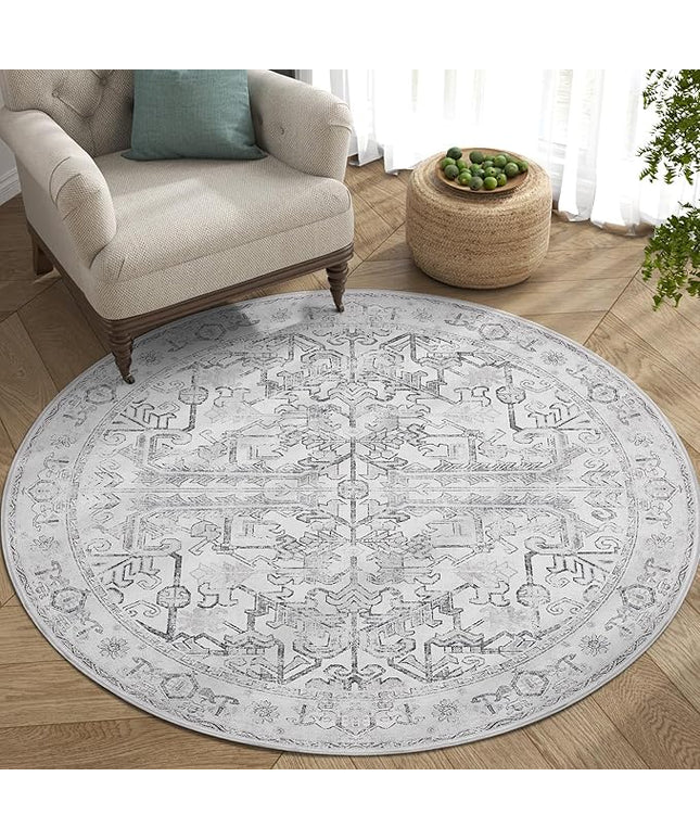 jinchan Lima Round Rug 5ft Vintage Machine Washable Area Rug Indoor Circle 5' Ultra-Thin Non-Slip Floral Print Carpet for Farmhouse Entryway Dining Room Living Room Bedroom Office (5'Round, Grey)